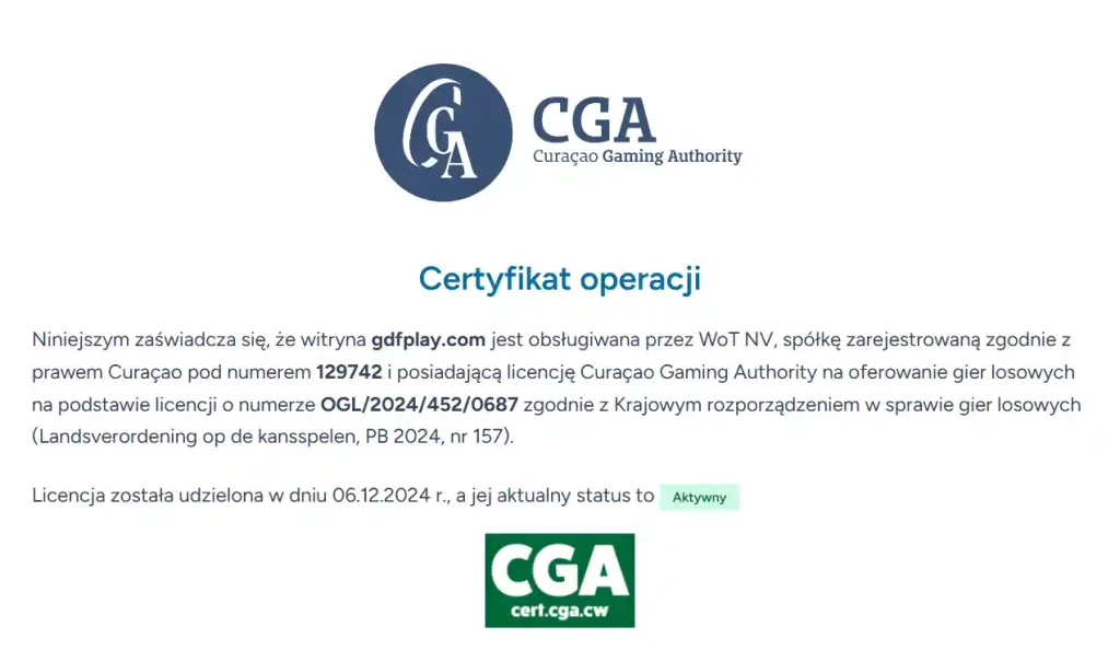 Certyfikat Curaçao Gaming Authority dla WoT N.V. i domeny gdfplay.com